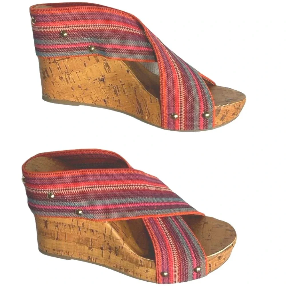 Montego Bay Club Sandals Sz 6.5‎ Platform Cork Wedge Heels Slip On Cross Strap